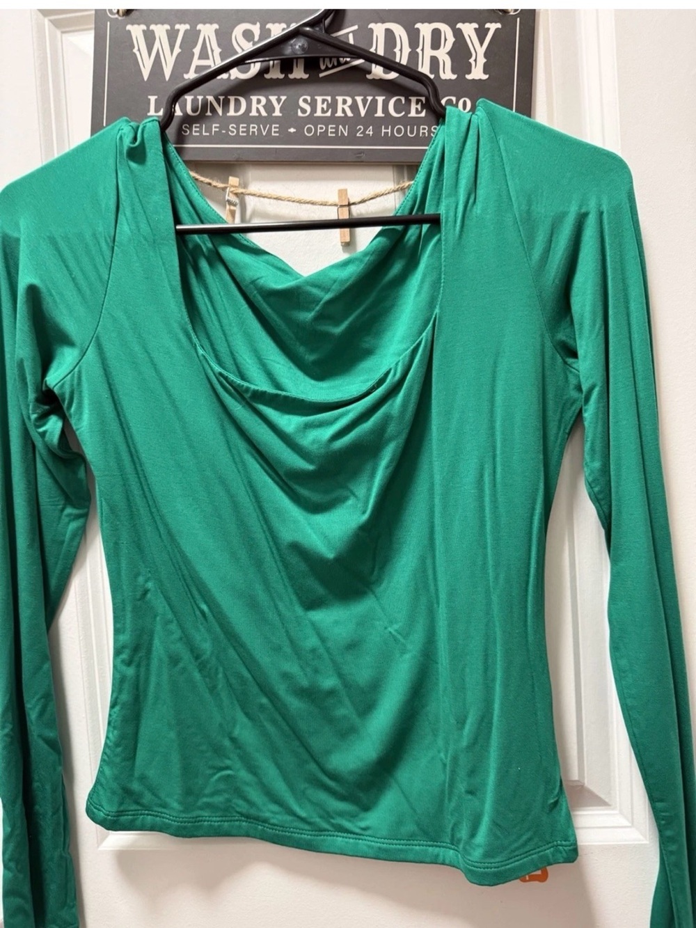 Women's Green Draped Cowl Neck Long-Sleeve Top